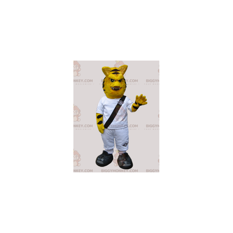 Κοστούμι μασκότ τίγρης BIGGYMONKEY™ με έντονη εμφάνιση, ντυμένη