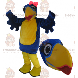 Kostým BIGGYMONKEY™ Big Blue and Yellow Bird Maskot s rtěnkou –