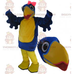 Traje de mascote de pássaro azul e amarelo BIGGYMONKEY™ com