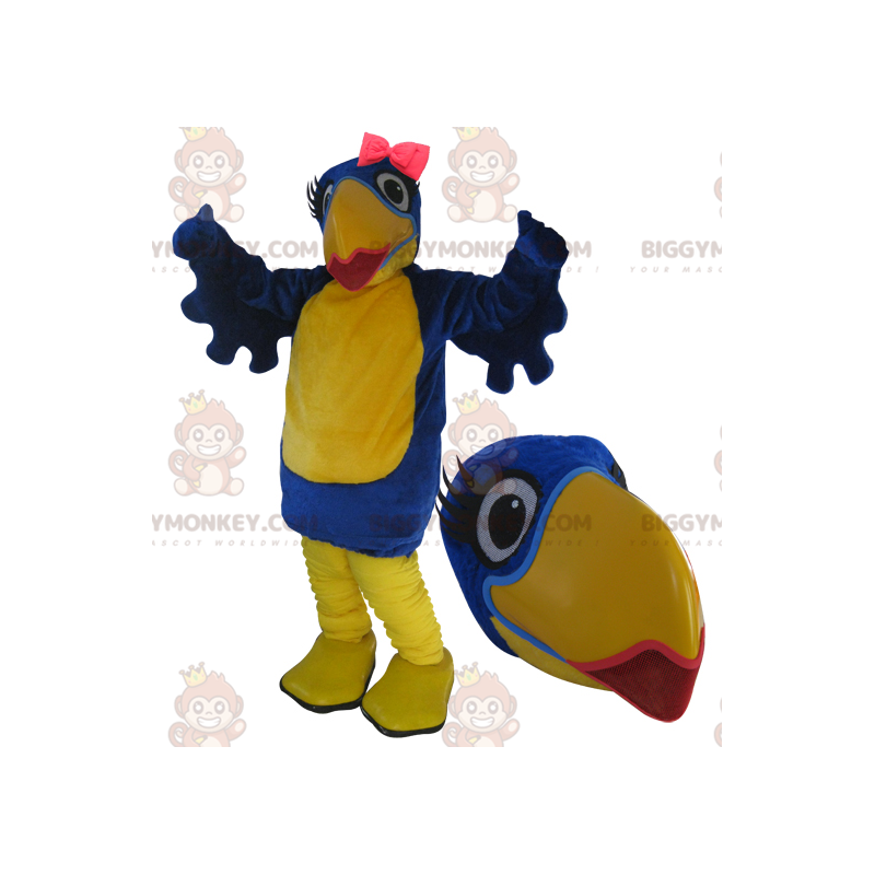 BIGGYMONKEY™ Mascottekostuum met grote blauwe en gele vogel met