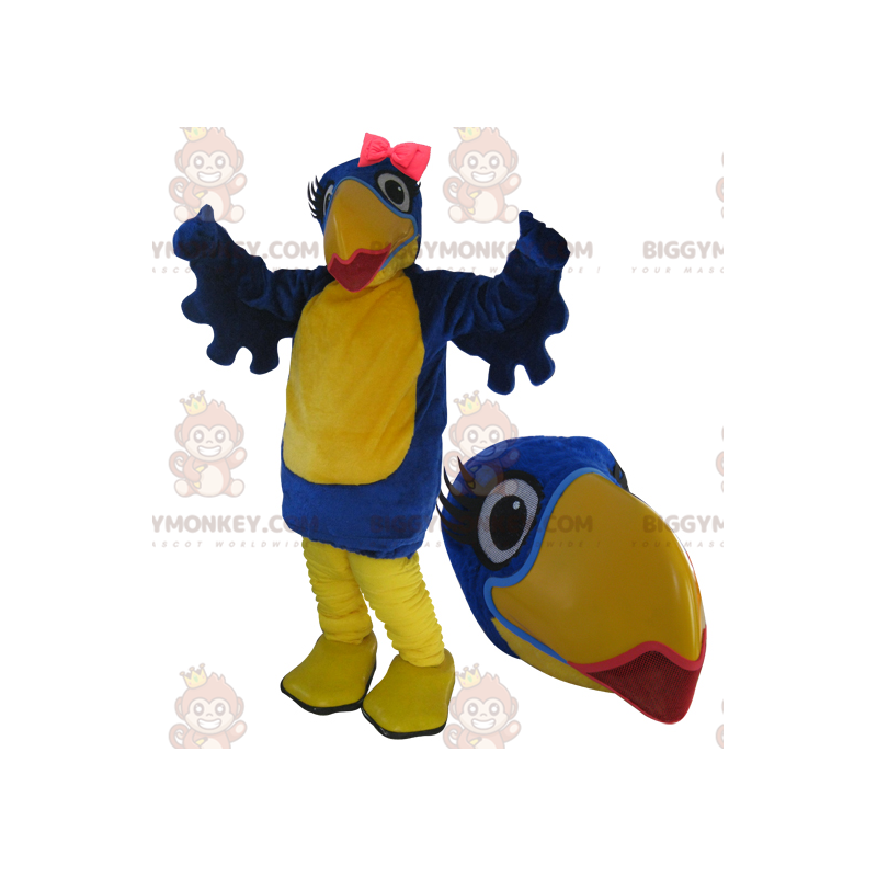 Traje de mascote de pássaro azul e amarelo BIGGYMONKEY™ com