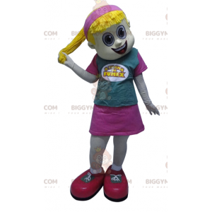 Blonde Girl BIGGYMONKEY™ Mascot Costume with Pink Dress Quilt -