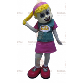 Blonde Girl BIGGYMONKEY™ Mascot Costume with Pink Dress Quilt –