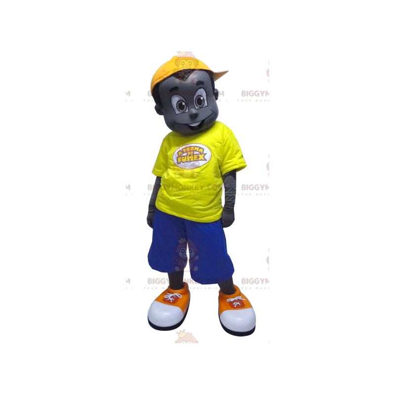 Kostým maskota černého chlapce BIGGYMONKEY™ ve žluté a modré
