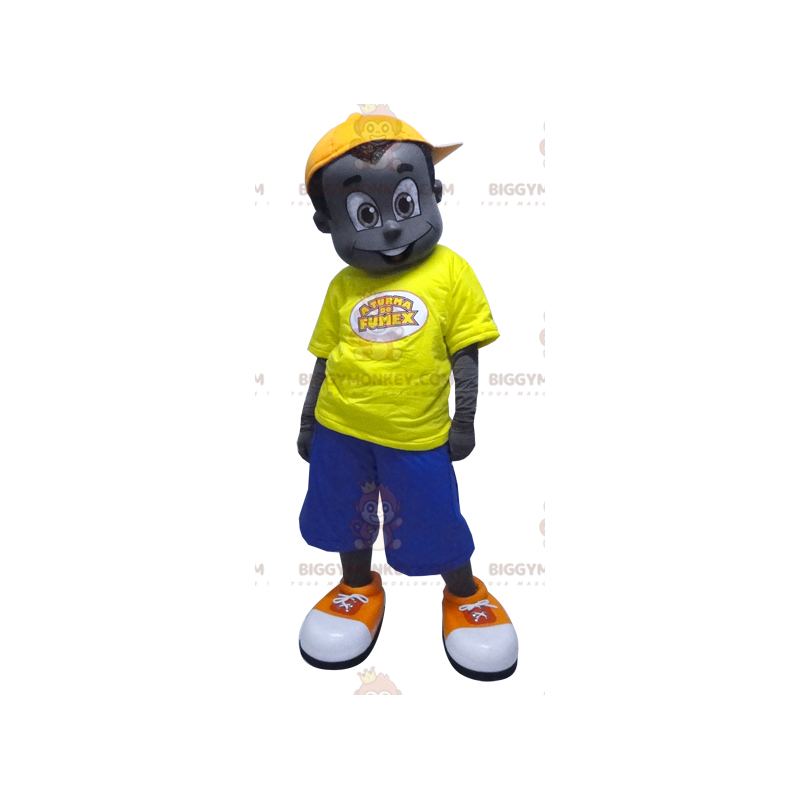 Zwarte BIGGYMONKEY™ mascotte kostuum, gekleed in geel en blauw