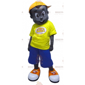 Black boy BIGGYMONKEY™ mascot costume dressed in yellow and