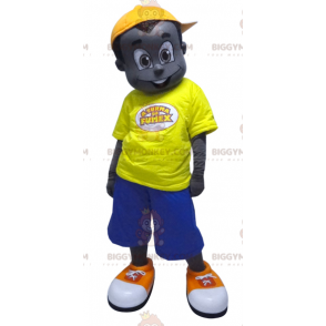 Zwarte BIGGYMONKEY™ mascotte kostuum, gekleed in geel en blauw