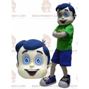 Pojan BIGGYMONKEY™ maskottiasu sinisillä hiuksilla ja silmillä