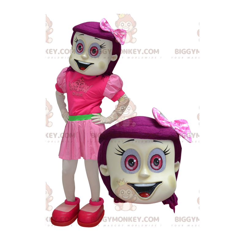 Fantasia de mascote menina BIGGYMONKEY™ com cabelo e olhos rosa