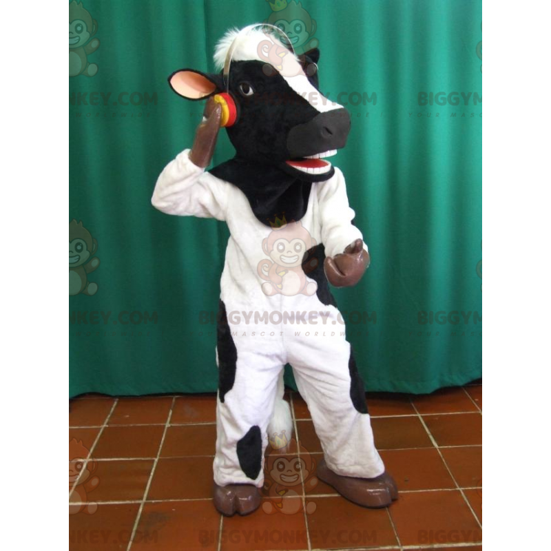 Traje de mascote preto e branco de vaca BIGGYMONKEY™ com fones