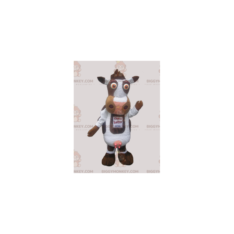 Traje de mascote de vaca fofa branca e marrom BIGGYMONKEY™ –