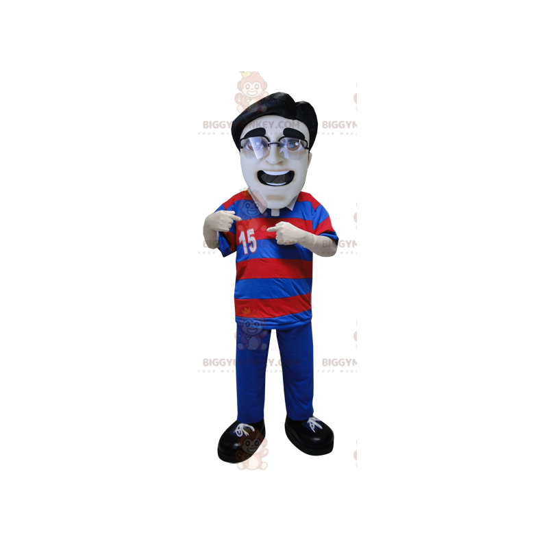 BIGGYMONKEY™ Mascot Costume of Man Wearing Striped Polo Shirt