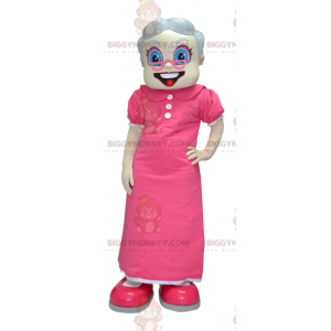BIGGYMONKEY™ Old Lady Oma Maskottchen Kostüm in Rosa -