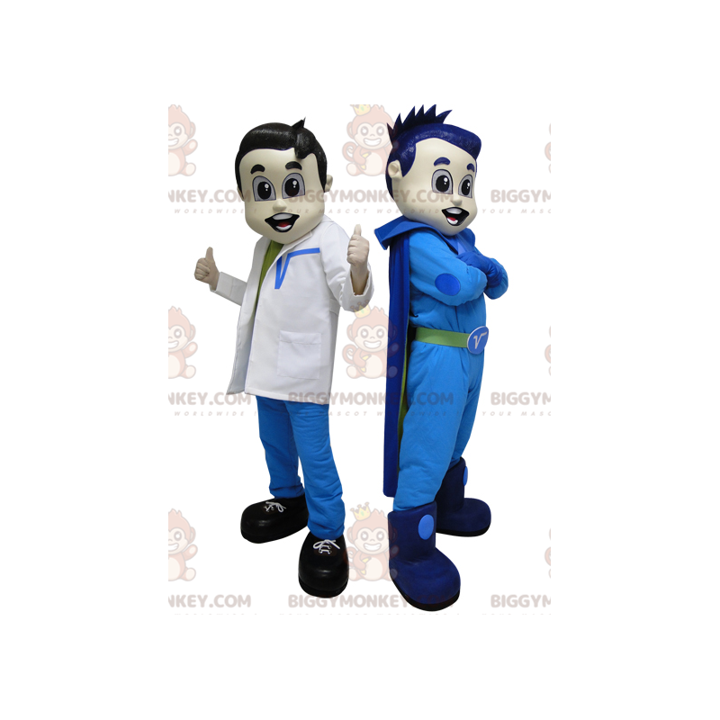 2 mascota de BIGGYMONKEY™. Un superhéroe de azul y un médico