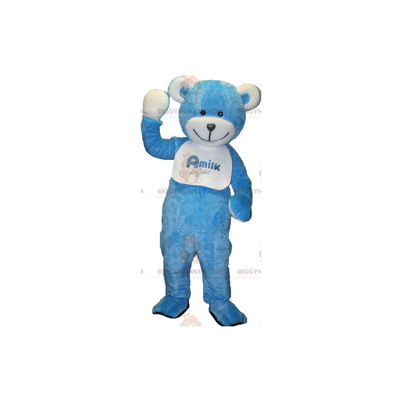 Traje de mascote de ursinho de pelúcia azul e branco