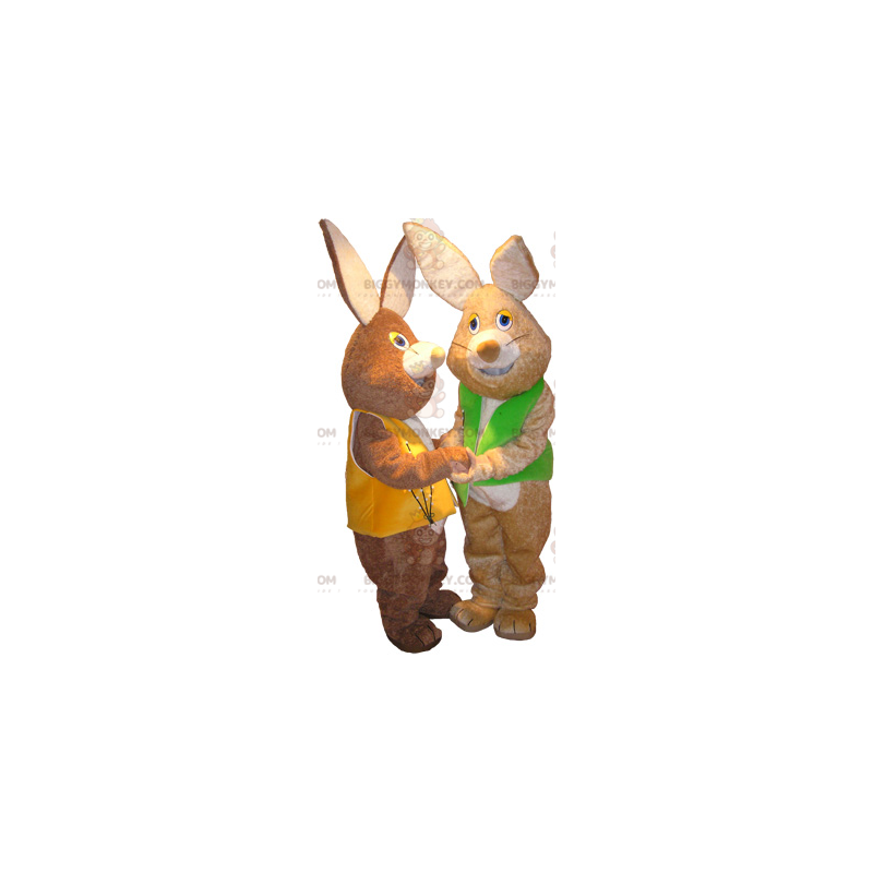 2 mascot BIGGYMONKEY™s soft brown bunnies wearing vests –