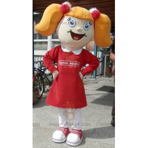 Blonde Girl BIGGYMONKEY™ Mascot Costume With Pigtails And Dress