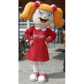 Blonde Girl BIGGYMONKEY™ Mascot Costume With Pigtails And Dress