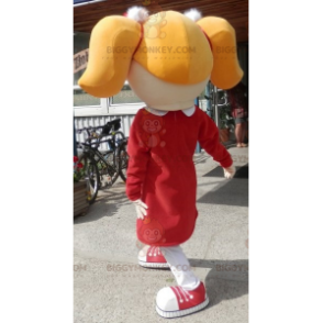 Blonde Girl BIGGYMONKEY™ Mascot Costume With Pigtails And Dress