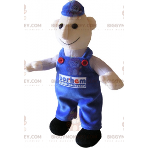 Snowman BIGGYMONKEY™ mascot costume dressed in blue overalls.