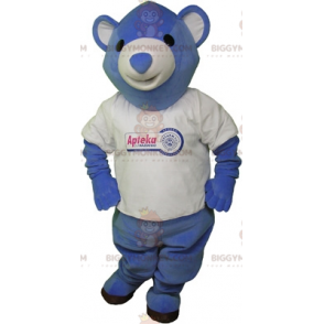 Blau-weißer Teddybär BIGGYMONKEY™ Maskottchen-Kostüm. Blauer