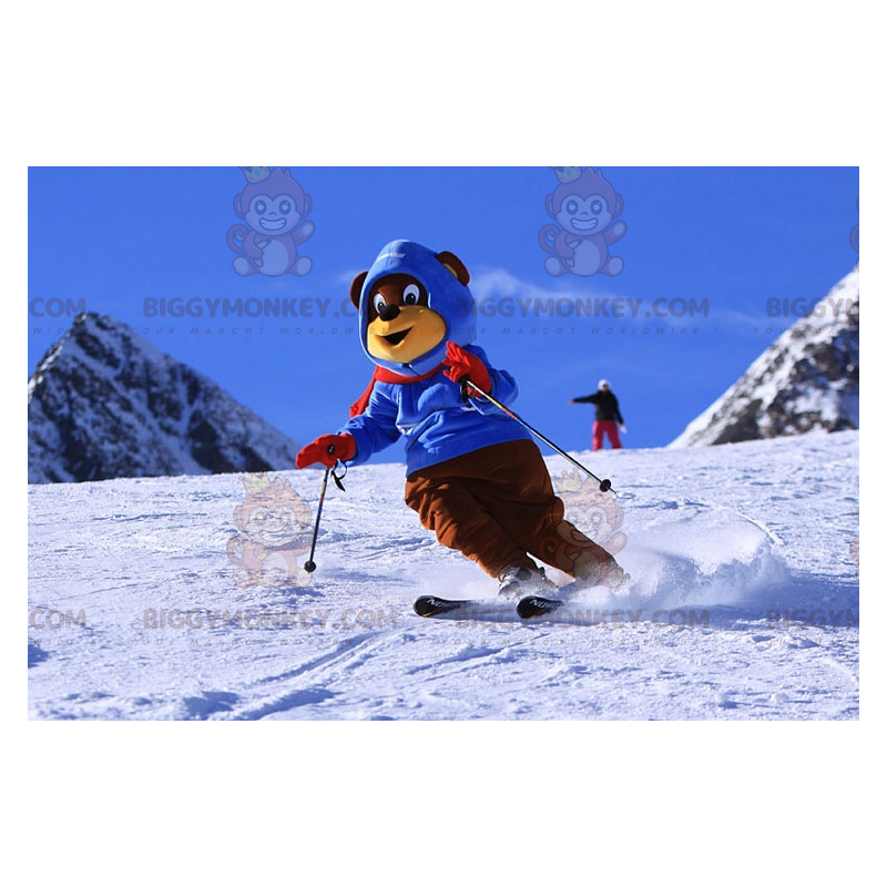 BIGGYMONKEY™ mascot costume of brown and yellow bear in ski