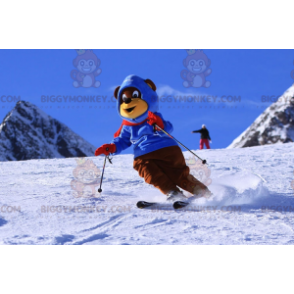 BIGGYMONKEY™ mascot costume of brown and yellow bear in ski