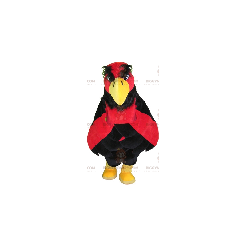 Traje de mascote de abutre vermelho preto e amarelo