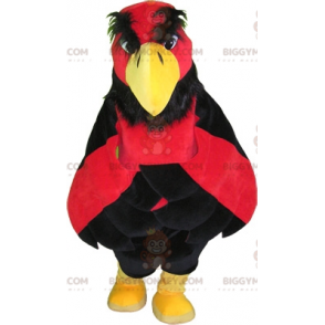 Traje de mascote de abutre vermelho preto e amarelo