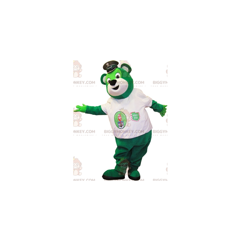 Green Bear BIGGYMONKEY™ maskottiasu, jossa poliisilakka -