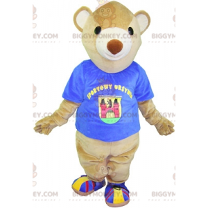 BIGGYMONKEY™ maskotdräkt av beige björn med en blå t-shirt.