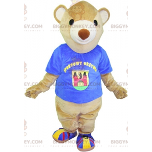 Disfraz de mascota BIGGYMONKEY™ de oso beige con camiseta azul.