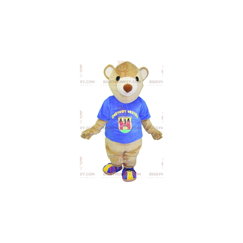 BIGGYMONKEY™ costume da mascotte di orso beige con t-shirt blu.