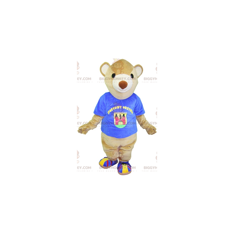 Disfraz de mascota BIGGYMONKEY™ de oso beige con camiseta azul.