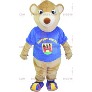 BIGGYMONKEY™ costume da mascotte di orso beige con t-shirt blu.