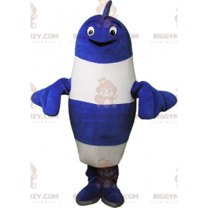 Mycket rolig blå och vit fisk BIGGYMONKEY™ maskotdräkt -