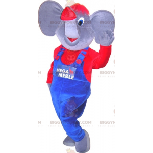 Grå og rød elefant BIGGYMONKEY™ maskotkostume klædt i overalls