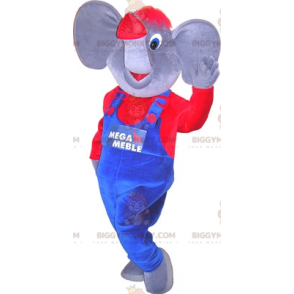 Grå och röd elefant BIGGYMONKEY™ maskotdräkt klädd i overaller