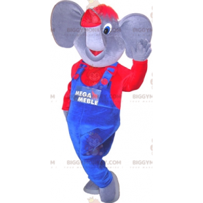 Grå og rød elefant BIGGYMONKEY™ maskotkostume klædt i overalls