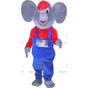 Grå og rød elefant BIGGYMONKEY™ maskotkostume klædt i overalls