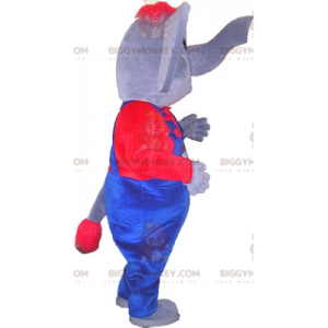 Grå och röd elefant BIGGYMONKEY™ maskotdräkt klädd i overaller