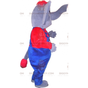 Grå og rød elefant BIGGYMONKEY™ maskotkostume klædt i overalls