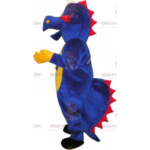 Traje de mascote de dinossauro dragão vermelho amarelo e azul