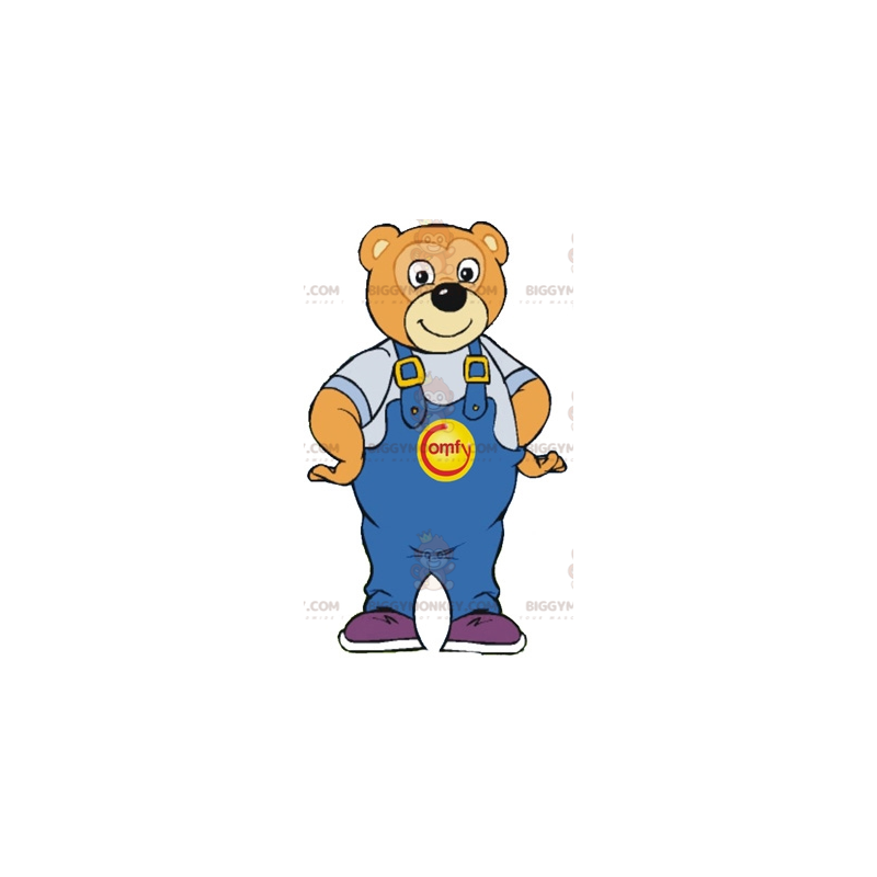 Leende brun björn BIGGYMONKEY™ maskotdräkt med blå overall -