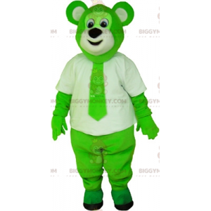 Kostium maskotki zielonego misia BIGGYMONKEY™ ubrany na biało z