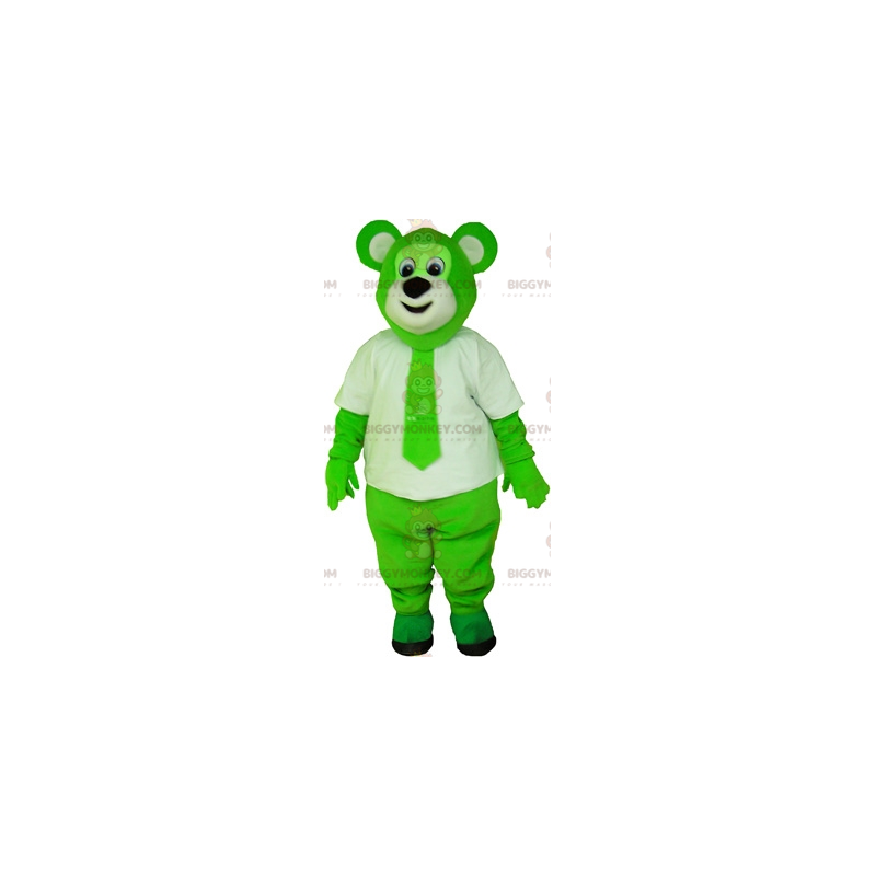 Green Bear BIGGYMONKEY™ maskottiasu valkoiseen ja solmio -