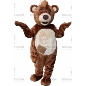 Bruin en wit teddy BIGGYMONKEY™ mascottekostuum met embleem -