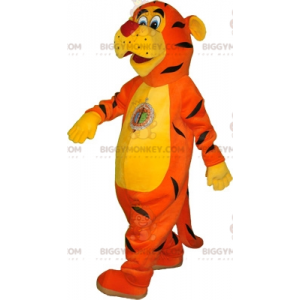Orange gul och svart tiger BIGGYMONKEY™ maskotdräkt. Färgglad