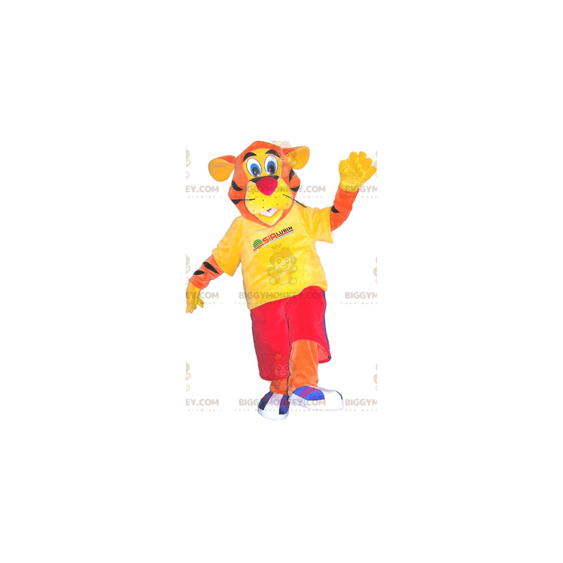Kostium maskotki tygrysa BIGGYMONKEY™ ubrana w odzież sportową.