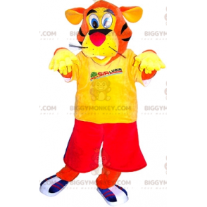 Στολή μασκότ τίγρης BIGGYMONKEY™ ντυμένη με αθλητικά ρούχα.